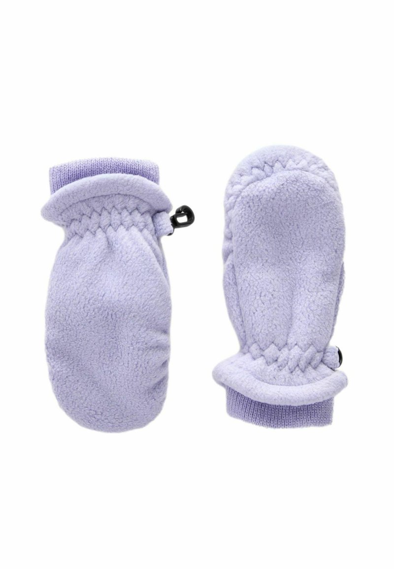 Helllilafarbene Fleece-Handschuhe mit elastischen Bündchen und einem Kordelzug, die eine weiche Textur und eine einfache, abgerundete Form aufweisen.
