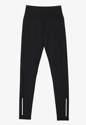 Svarta leggings tillverkade av stretchigt tyg, med hög midja, sidsömmar och reflexdetaljer vid ankeln för ökad synlighet.