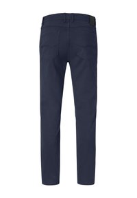 Navy blue cotton trousers with a straight cut, back pockets, and a textured waistband tag. The surface is smooth with no additional patterns.