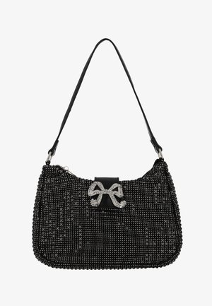 Schwarze, mit Perlen besetzte Handtasche mit abgerundeter Form, einem großen Strassstein-Schleifenakzent, Lederriemen und Reißverschluss oben.