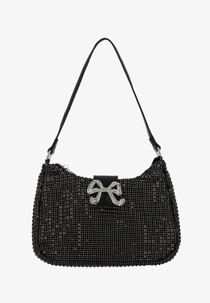 Borsetta nera con perline, dalla forma arrotondata, caratterizzata da un grande fiocco di strass, tracolla in pelle e chiusura a zip sulla parte superiore.