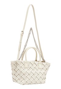 Woven white leather handbag with dual top handles and an adjustable chain-accent strap. Square shape, textured surface, minimalist design.
