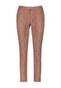 Pantalons à carreaux marron avec une jambe fuselée, une taille ajustable avec cordon de serrage et des zips latéraux au niveau des chevilles. Le tissu semble doux et texturé.
