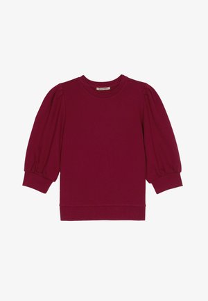 T-shirt bordeaux à manches longues en coton, avec un col rond et des manches bouffantes à poignets ajustés, offrant une coupe décontractée sur l'ensemble du corps.