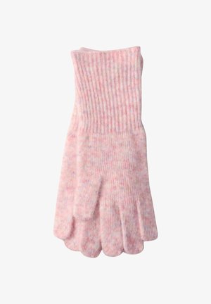 Guanto senza dita in morbido materiale lavorato a maglia di un rosa chiaro leggero, con polsino a costine. Superficie testurizzata con sottili macchie di colore.
