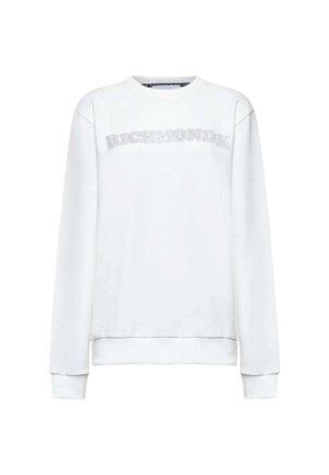 Felpa bianca con scollo rotondo, maniche lunghe e polsini a coste. Presenta un logo "RICHMOND" in strass sul davanti.