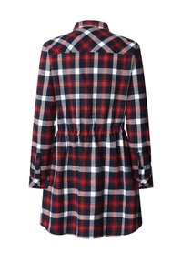 Robe à manches longues à carreaux rouge, blanc et bleu marine avec une taille cintrée et des poignets boutonnés, vue de dos sur fond blanc.