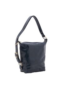 Borsa a spalla in pelle blu navy, caratterizzata da una texture liscia, una singola tracolla e dettagli in metallo dorato. Forma quadrata semplice.