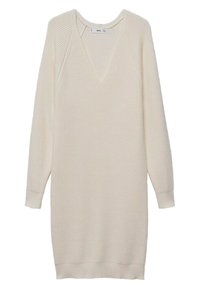 Robe en maille couleur crème à manches longues, col en V, avec poignets et ourlet côtelés.