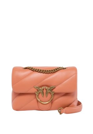 Borsa a tracolla in pelle pesca con design trapuntato, tracolla in catena dorata e una distintiva chiusura a motif d'uccello sul davanti.
