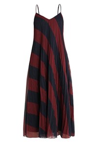 Maxiklänning med tunna axelremmar, prydd med diagonala vinröda och marinblå ränder, tillverkad av lätta, flödande tyger med en mjuk textur.