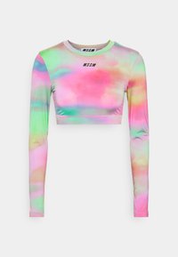 Długi rękaw, krótkie top w wzór tie-dye z różowymi, zielonymi i żółtymi odcieniami. Wykonany z gładkiego, elastycznego materiału z okrągłym dekoltem.