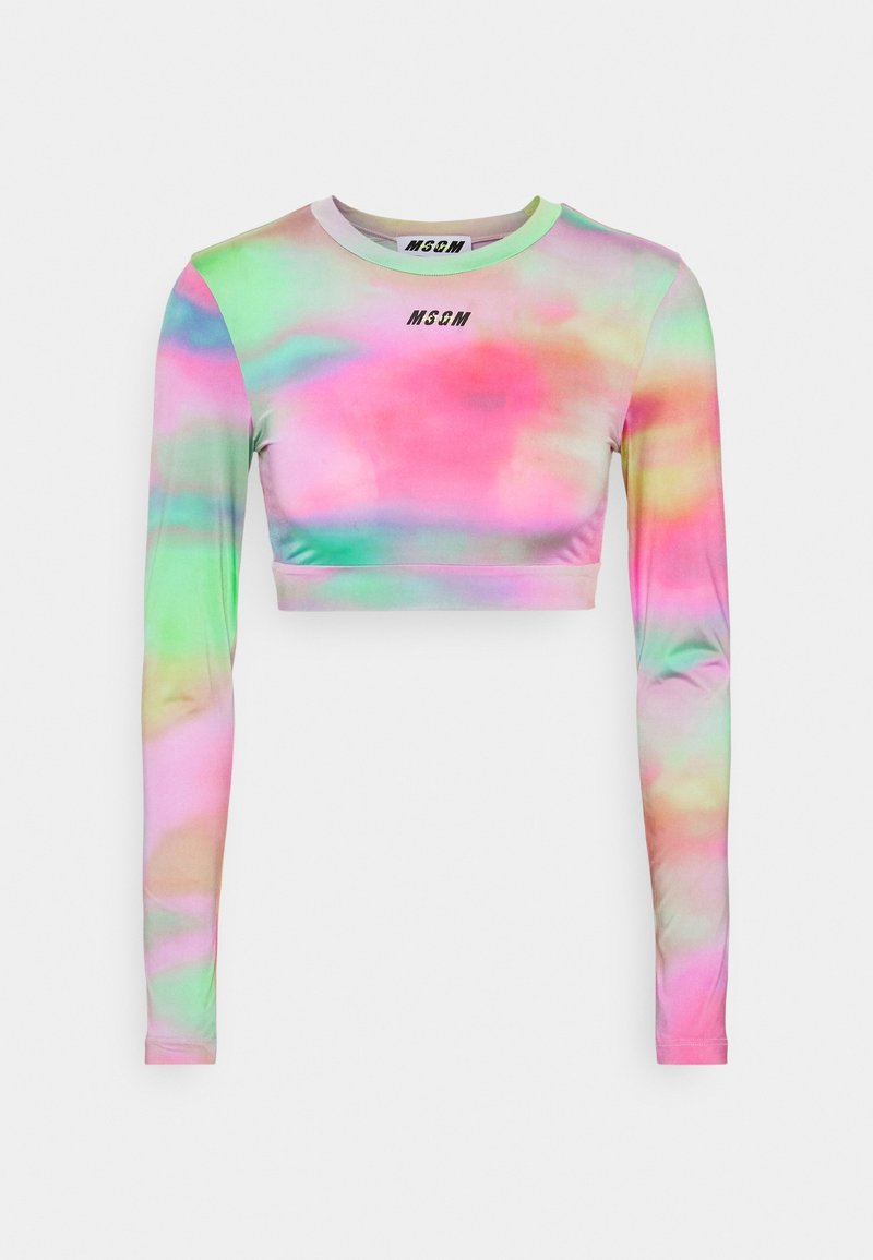 Długi rękaw, krótkie top w wzór tie-dye z różowymi, zielonymi i żółtymi odcieniami. Wykonany z gładkiego, elastycznego materiału z okrągłym dekoltem.