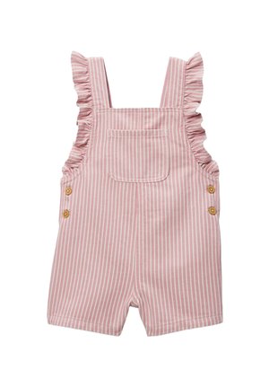 Combishort pour tout-petit rayé verticalement rose et blanc avec bretelles à volants, poche avant et boutons latéraux en bois.