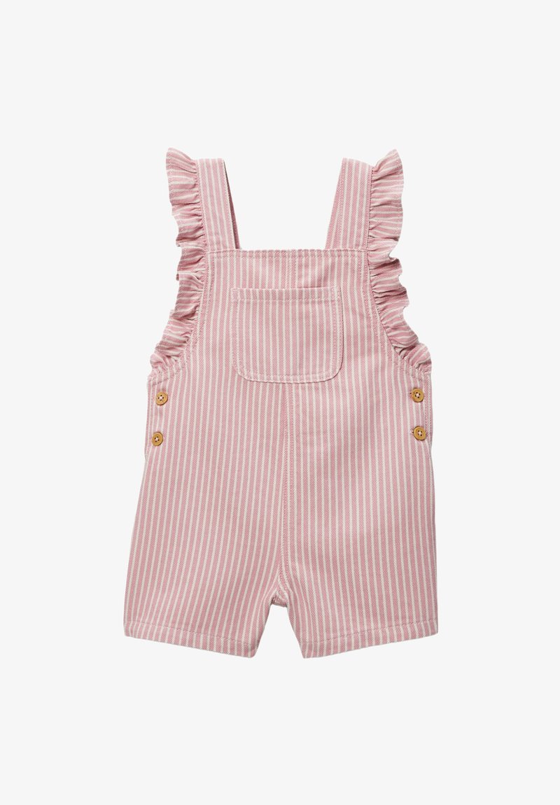 Combishort pour tout-petit rayé verticalement rose et blanc avec bretelles à volants, poche avant et boutons latéraux en bois.