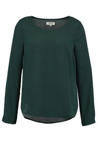 Grøn langærmet bluse lavet af glat stof, med rund halsudskæring, afslappet pasform og buet kant, samt en subtil teksturdetaile bagpå.