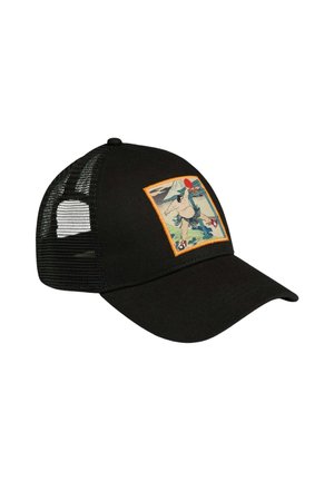 Casquette de baseball noire en mesh avec une visière incurvée et un patch coloré représentant un lutteur de sumo jouant au tennis de table.