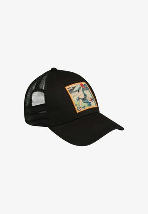 Casquette de baseball noire en mesh avec une visière incurvée et un patch coloré représentant un lutteur de sumo jouant au tennis de table.