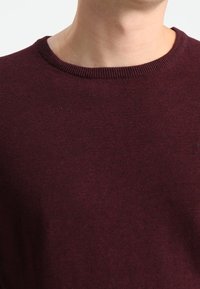 Burgunderfarbener gestrickter Pullover mit Rundhalsausschnitt, der eine glatte Textur und gerippte Details am Kragen aufweist, warm und lässig.