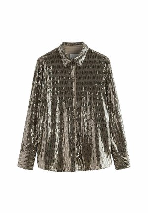 Camicia a maniche lunghe con bottoni, ricoperta di paillettes argentate lucide, con colletto classico e maniche con polsini.