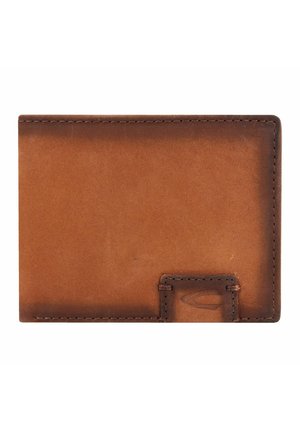Portefeuille en cuir marron avec une texture lisse, de forme rectangulaire, et une petite fente sur un côté pour les cartes. Détails de couture minimaux.