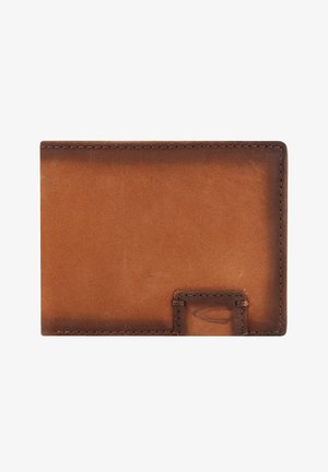 Portefeuille en cuir marron avec une texture lisse, de forme rectangulaire, et une petite fente sur un côté pour les cartes. Détails de couture minimaux.