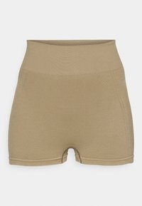 Beige ψηλόμεσοι σορτς φτιαγμένοι από ελαστικό ύφασμα με απαλή υφή, διαθέτοντας εφαρμοστή σχεδίαση και ελάχιστες ραφές.