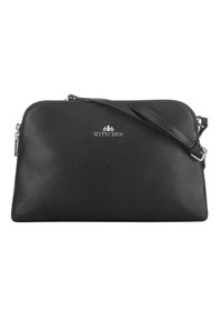 Clutch bag in pelle nera con superficie testurizzata e chiusura a zip. Presenta una tracolla removibile e un logo del marchio argentato sul davanti.