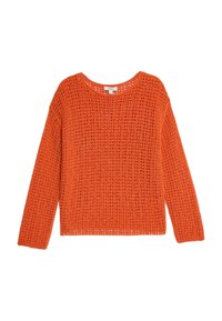 Losse, lange mouwen trui in fel oranje, met een textuur, open gebreid ontwerp, ronde halslijn en geribbelde zoom.