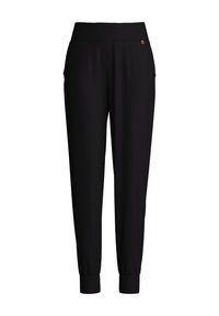 Zwarte joggerpants van een zachte stof met een geribbelde tailleband en boorden. Voorzien van zijzakken en een klein logo-accent.