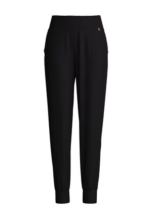 Pantaloni jogger neri realizzati in un morbido tessuto, con vita e polsini a coste. Presentano tasche laterali e un piccolo logo decorativo.