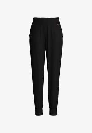 Schwarze Jogginghosen aus einem weichen Stoff mit einem gerippten Bund und Bündchen. Verfügt über seitliche Taschen und einen kleinen Logoakzent.