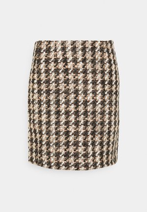 Mini-jupe en tweed avec un motif pied-de-poule aux couleurs noir, blanc et beige. Tissu texturé avec une silhouette ajustée.