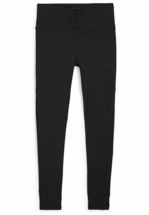 Juodos sportinės leggins su aukštu juosmeniu, šnypščiamu detalizavimu priekyje, lygiu paviršiumi ir subtiliu logotipo akcentu šone.
