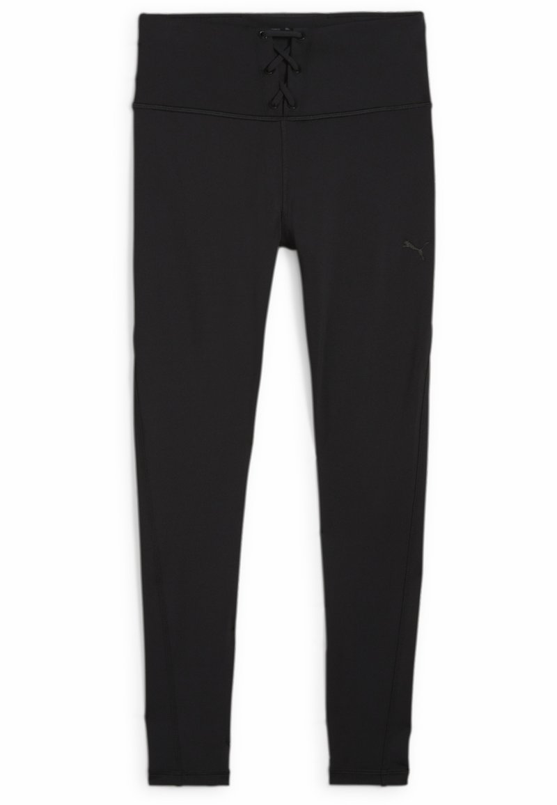 Mustad mustrid spord leggingud kõrge vöökohaga, nööriga detail ees, sile tekstuur ja peene logo aksent küljel.