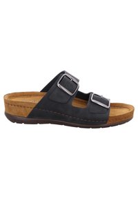Infradito in pelle nera con due fibbie argentate regolabili, soletta in sughero e suola in gomma marrone, caratterizzata da un profilo piatto e un design minimale.