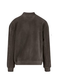 Pullover in morbido tessuto marrone scuro, con colletto alto, maniche lunghe e vestibilità comoda. Tessuto liscio con polsini e orlo a coste.