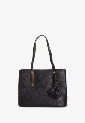 Borsa tote nera con trama, dettagli in metallo color oro, due manici e decorazioni annodate. Presenta una base solida e un dettaglio con logo.