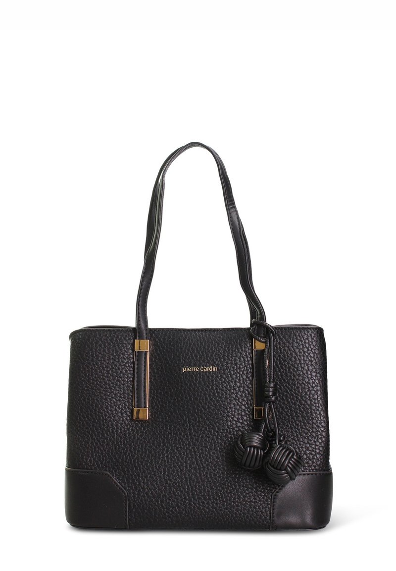 Borsa tote nera con trama, dettagli in metallo color oro, due manici e decorazioni annodate. Presenta una base solida e un dettaglio con logo.