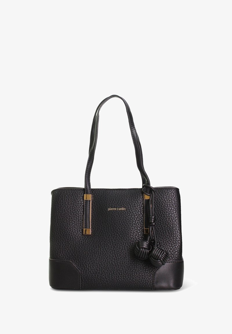 Borsa tote nera con trama, dettagli in metallo color oro, due manici e decorazioni annodate. Presenta una base solida e un dettaglio con logo.