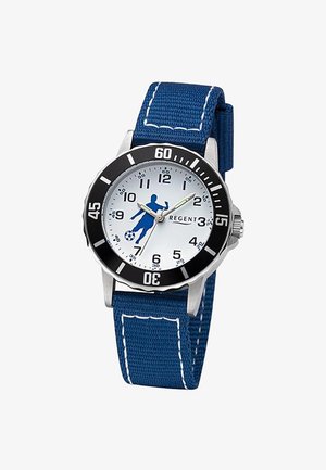 Analoge Armbanduhr mit blauem Stoffarmband, schwarzer Lünette, weißem Zifferblatt mit einem blauen Fußballspieler und schwarzen arabischen Ziffern.