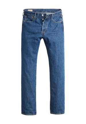 Blue denim jeans with a straight leg design, featuring a front button closure, belt loops, and classic five-pocket styling.