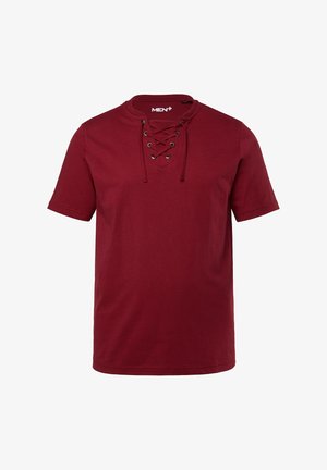 Bordowa koszulka z krótkim rękawem wykonana z bawełny. Posiada okrągły dekolt z wiązanym designem i metalowymi oczkami. Gładka faktura.