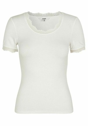 White ribbed short-sleeve t-shirt with a scalloped lace trim at the neckline and sleeves, featuring a fitted design and soft texture.
