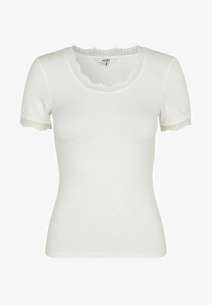 White ribbed short-sleeve t-shirt with a scalloped lace trim at the neckline and sleeves, featuring a fitted design and soft texture.