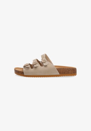 Beige ruskind slidesandal med tre justerbare spænder, kork-fodbed og tekstureret gummisål, set fra siden.