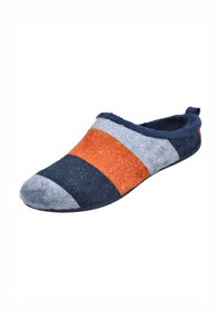 Zapatilla de fieltro con rayas horizontales en azul, gris y naranja, puntera redondeada, textura suave y un bucle en la parte trasera para facilitar su uso.