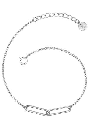 Silberne Kettenarmband mit einem großen Papierclip-förmigen Glied, texturiertem Kettendesign und einem Karabinerverschluss mit verstellbarer Kettenlänge.