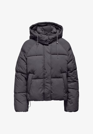 Casaco puffer cinza escuro com capucho, botões de pressão à frente, cordões ajustáveis e bolsos laterais, exibido sobre um fundo branco.