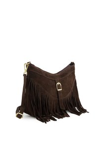 Braune Wildleder-Handtasche mit Fransen und geschwungenem Design, goldfarbenen Metallakzenten und verstellbarem Riemen. Verfügt über einen Reißverschluss und geschichtete Fransen-Details.